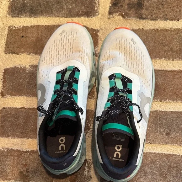 On CloudMonster Women’s size 8.5 Running Shoes in White, Mint, Navy, and Orange - Picture 5 of 8